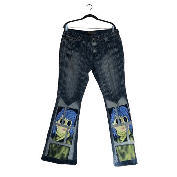 Vintage Neeso Anime Girl Stonewashed One Of A Kind Wide Flared Leg Jeans 15 - Picture 1 of 10